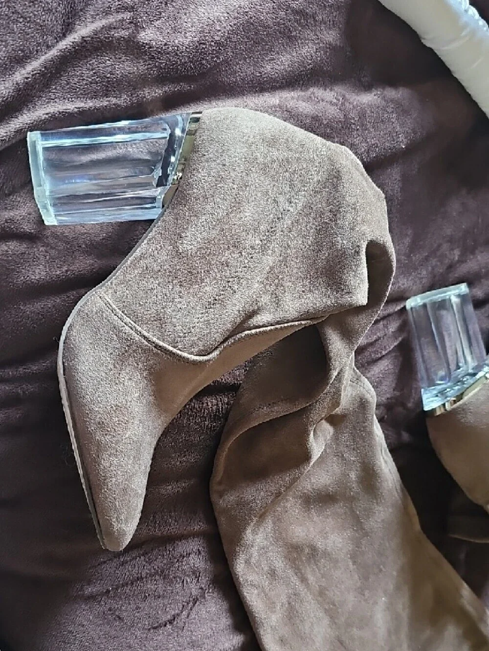 Brown Over-the-Knee Suede-Look Boots with Clear Block Heel